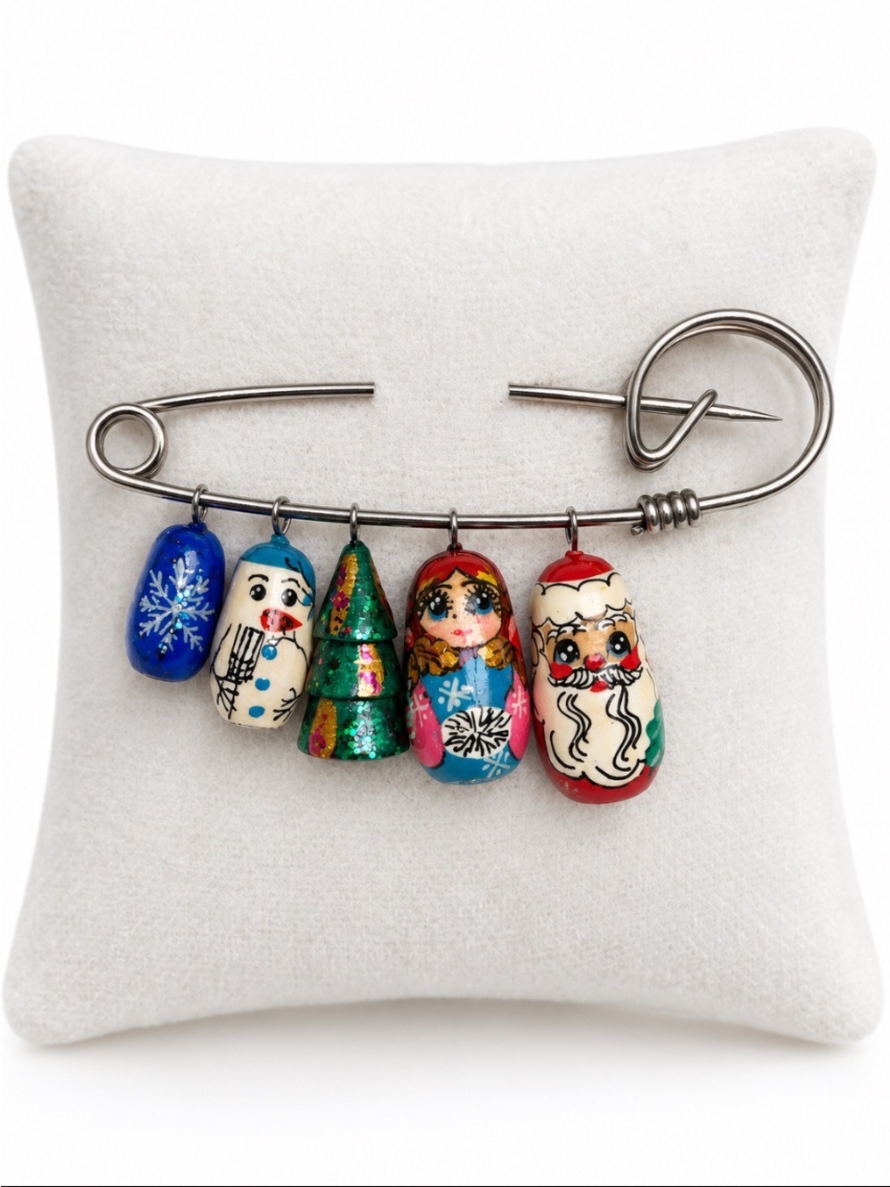 Russian Wooden Hand-painted Little Christmas Dolls on a Pin